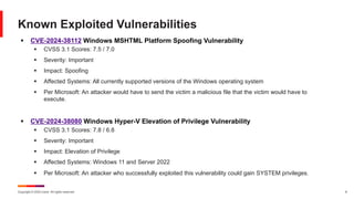 Copyright © 2024 Ivanti. All rights reserved. 6
§ CVE-2024-38112 Windows MSHTML Platform Spoofing Vulnerability
§ CVSS 3.1 Scores: 7.5 / 7.0
§ Severity: Important
§ Impact: Spoofing
§ Affected Systems: All currently supported versions of the Windows operating system
§ Per Microsoft: An attacker would have to send the victim a malicious file that the victim would have to
execute.
§ CVE-2024-38080 Windows Hyper-V Elevation of Privilege Vulnerability
§ CVSS 3.1 Scores: 7.8 / 6.8
§ Severity: Important
§ Impact: Elevation of Privilege
§ Affected Systems: Windows 11 and Server 2022
§ Per Microsoft: An attacker who successfully exploited this vulnerability could gain SYSTEM privileges.
Known Exploited Vulnerabilities
 