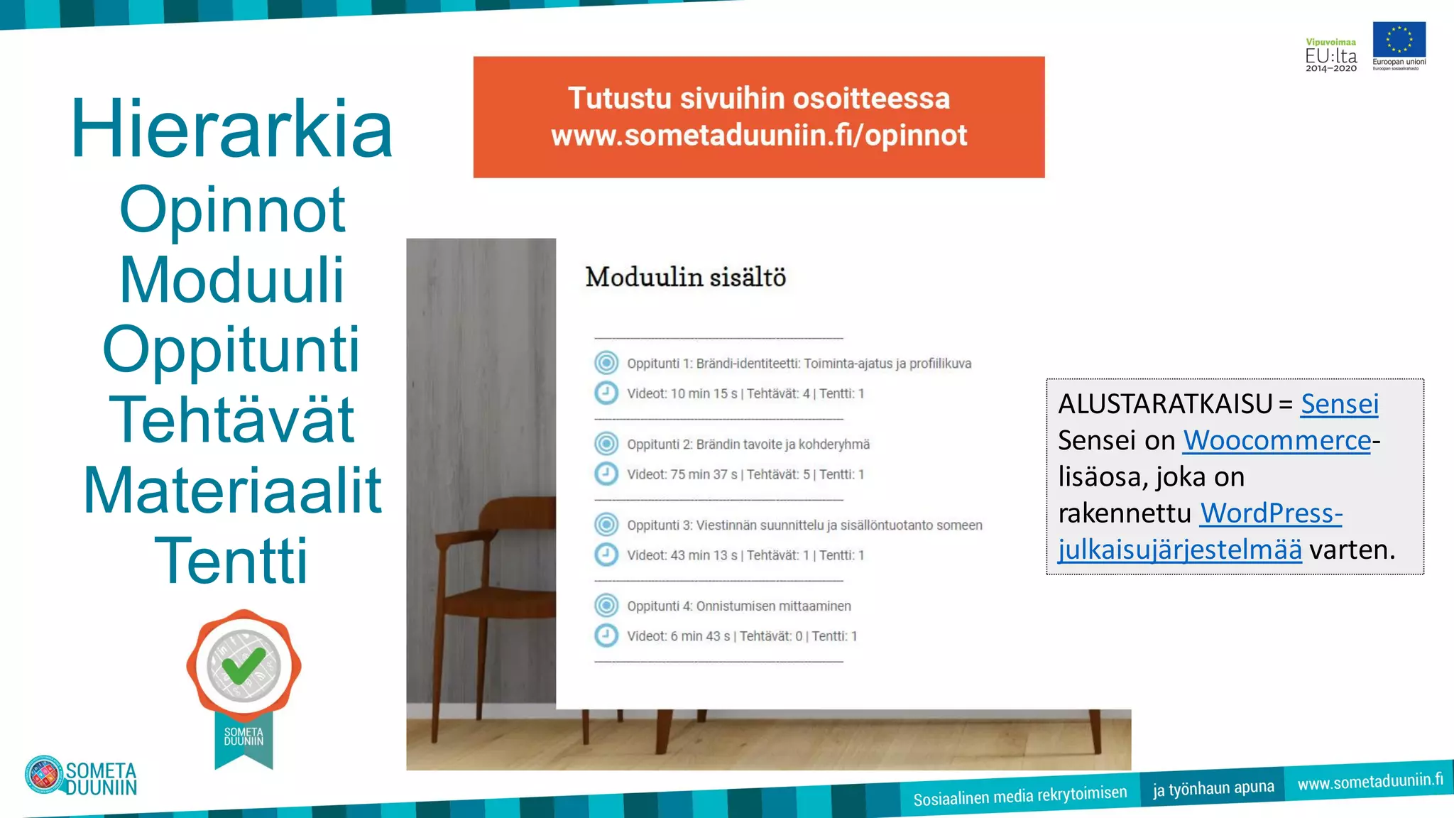 Hierarkia
Opinnot
Moduuli
Oppitunti
Tehtävät
Materiaalit
Tentti
ALUSTARATKAISU= Sensei
Sensei on Woocommerce-
lisäosa, joka on
rakennettu WordPress-
julkaisujärjestelmää varten.
 