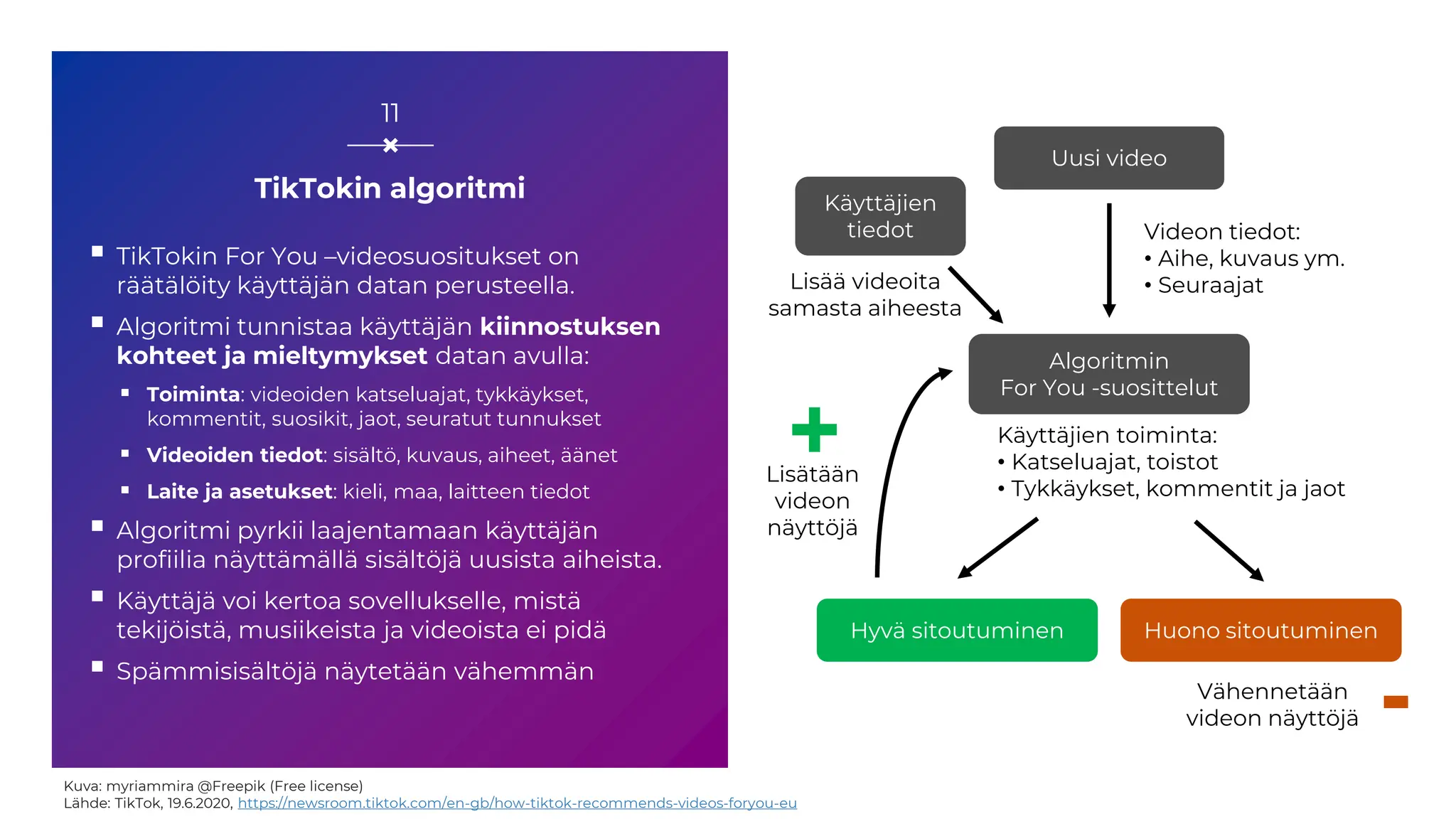 TikTokin algoritmi
▪ TikTokin For You –videosuositukset on
räätälöity käyttäjän datan perusteella.
▪ Algoritmi tunnistaa käyttäjän kiinnostuksen
kohteet ja mieltymykset datan avulla:
▪ Toiminta: videoiden katseluajat, tykkäykset,
kommentit, suosikit, jaot, seuratut tunnukset
▪ Videoiden tiedot: sisältö, kuvaus, aiheet, äänet
▪ Laite ja asetukset: kieli, maa, laitteen tiedot
▪ Algoritmi pyrkii laajentamaan käyttäjän
profiilia näyttämällä sisältöjä uusista aiheista.
▪ Käyttäjä voi kertoa sovellukselle, mistä
tekijöistä, musiikeista ja videoista ei pidä
▪ Spämmisisältöjä näytetään vähemmän
11
Kuva: myriammira @Freepik (Free license)
Lähde: TikTok, 19.6.2020, https://newsroom.tiktok.com/en-gb/how-tiktok-recommends-videos-foryou-eu
Uusi video
Algoritmin
For You -suosittelut
Hyvä sitoutuminen Huono sitoutuminen
Vähennetään
videon näyttöjä
Lisätään
videon
näyttöjä
Käyttäjien toiminta:
• Katseluajat, toistot
• Tykkäykset, kommentit ja jaot
Videon tiedot:
• Aihe, kuvaus ym.
• Seuraajat
+
-
Käyttäjien
tiedot
Lisää videoita
samasta aiheesta
 