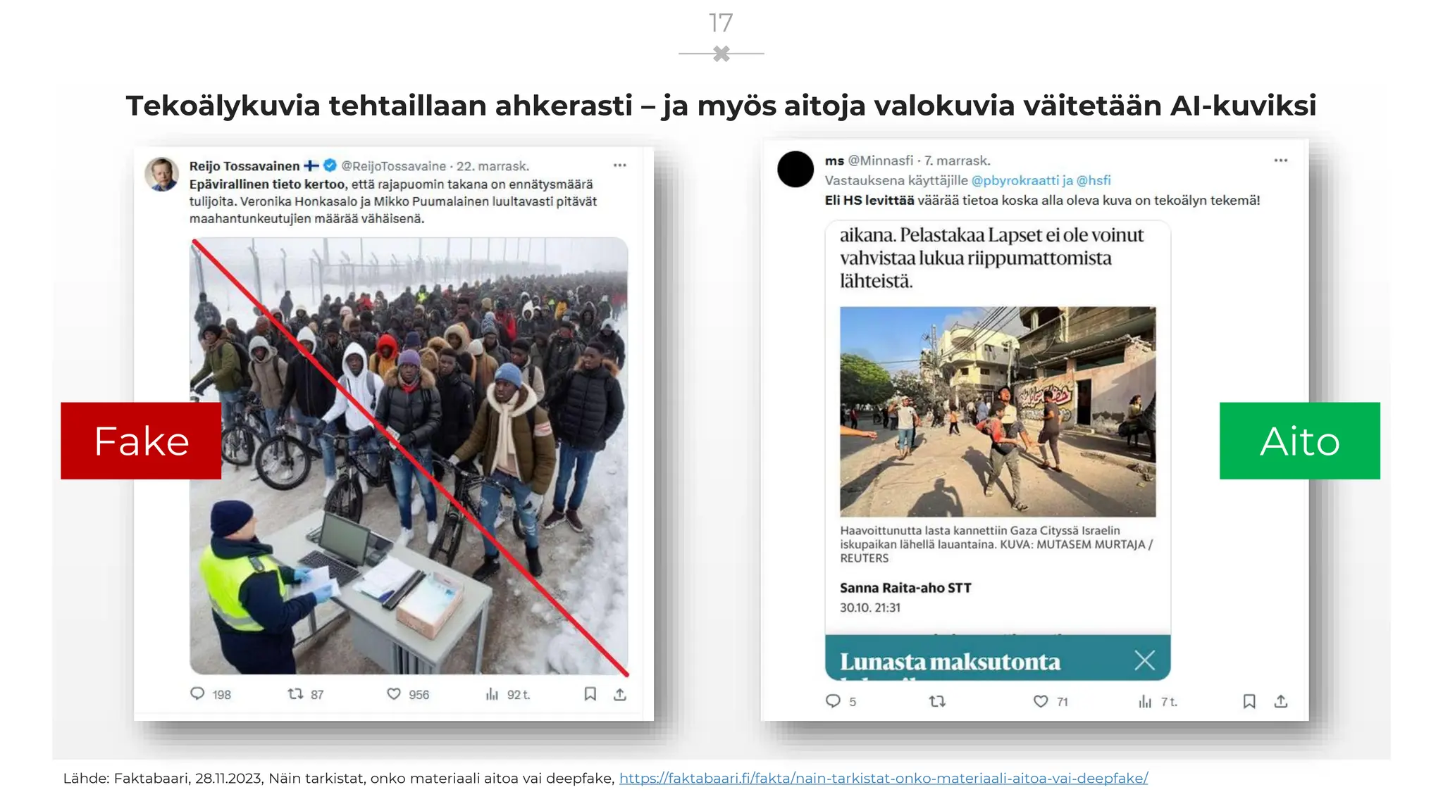 Tekoälykuvia tehtaillaan ahkerasti – ja myös aitoja valokuvia väitetään AI-kuviksi
17
Lähde: Faktabaari, 28.11.2023, Näin tarkistat, onko materiaali aitoa vai deepfake, https://faktabaari.fi/fakta/nain-tarkistat-onko-materiaali-aitoa-vai-deepfake/
Fake Aito
 