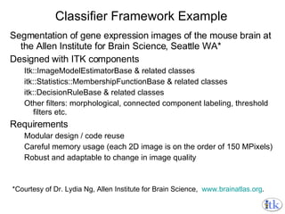 Segmentation of gene expression images of the mouse brain at the Allen Institute for Brain Science, Seattle WA* Designed with ITK components Itk::ImageModelEstimatorBase & related classes itk::Statistics::MembershipFunctionBase & related classes itk::DecisionRuleBase & related classes Other filters: morphological, connected component labeling, threshold filters etc. Requirements Modular design / code reuse Careful memory usage (each 2D image is on the order of 150 MPixels) Robust and adaptable to change in image quality Classifier Framework Example *Courtesy of Dr. Lydia Ng, Allen Institute for Brain Science,  www.brainatlas.org . 