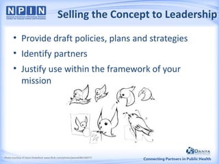 Selling the Concept to Leadership
• Provide draft policies, plans and strategies

• Identify partners
• Justify use within the framework of your
mission

Photo courtesy of Jason Drakeford: www.flickr.com/photos/jasond/86156077/

 