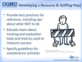 Developing a Resource & Staffing Plan)
• Provide best practices for
reference, including tips
about what NOT to do
• Educate team about
tracking and evaluation
tools and metrics used to
measure success
• Specify guidelines for
maintenance activities

Photo courtesy of Anna L. Shiller:
http://farm6.staticflickr.com/5525/10443477423_acc3da2025_o.png

 