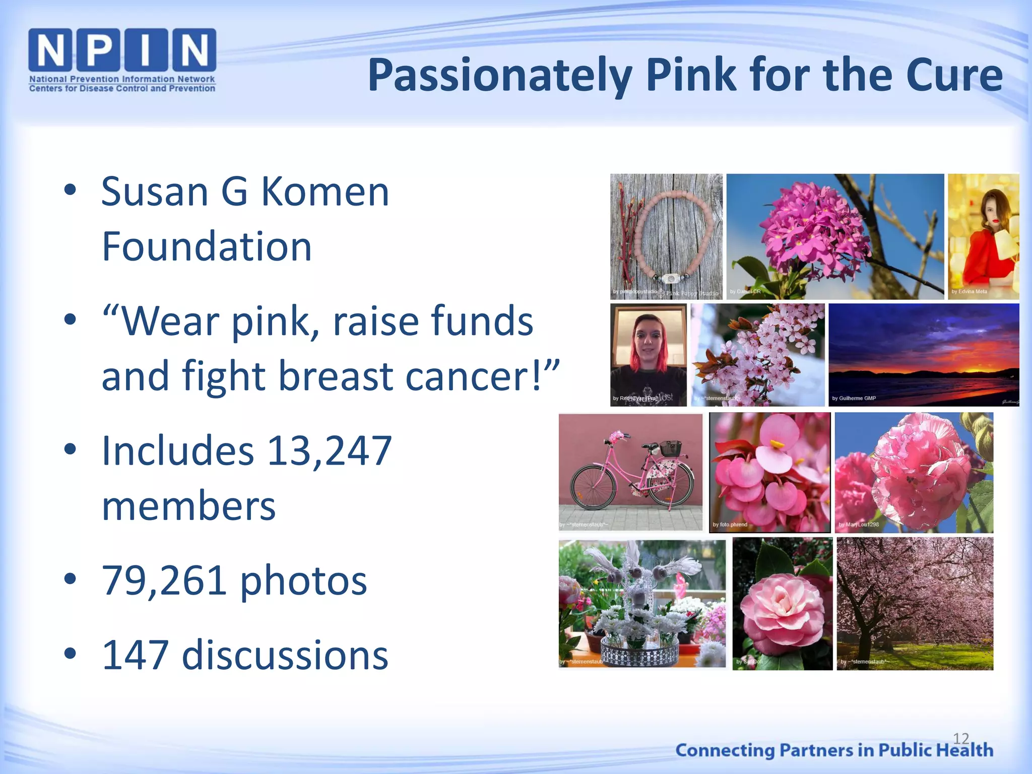 Passionately Pink for the Cure
12
• Susan G Komen
Foundation
• “Wear pink, raise funds
and fight breast cancer!”
• Includes 13,247
members
• 79,261 photos
• 147 discussions
 