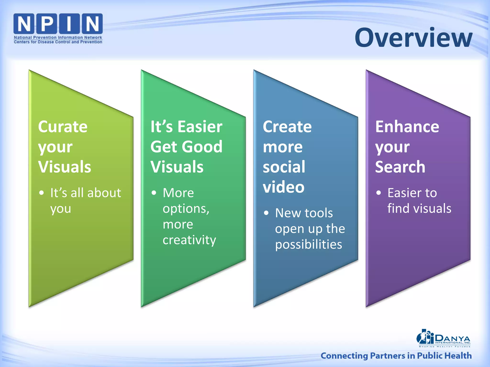 Overview
Curate
your
Visuals
• It’s all about
you
It’s Easier
Get Good
Visuals
• More
options,
more
creativity
Create
more
social
video
• New tools
open up the
possibilities
Enhance
your
Search
• Easier to
find visuals
 