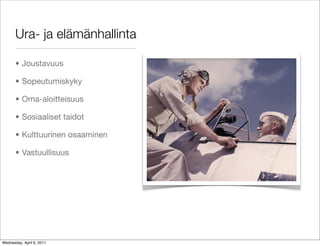 Ura- ja elämänhallinta

       • Joustavuus

       • Sopeutumiskyky

       • Oma-aloitteisuus

       • Sosiaaliset taidot

       • Kulttuurinen osaaminen

       • Vastuullisuus




Wednesday, April 6, 2011
 