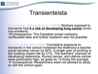 Transienteista  <ul><li>Armstrong,  Thériault   et al. ( 1994) :   Workers  exposed to transients had  6 x risk of develop...