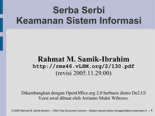 Serba Serbi
Keamanan Sistem Informasi

Rahmat M. Samik-Ibrahim

http://rms46.vLSM.org/2/130.pdf

(revisi 2005.11.29.00)
Dikembangkan dengan OpenOffice.org 2.0 berbasis distro De2.UI
Versi awal dibuat oleh Arrianto Mukti Wibowo.
© 2005 Rahmat M. Samik-Ibrahim -- GNU Free Document License -- Silakan secara bebas menggandakan presentasi ini -- 1

 
