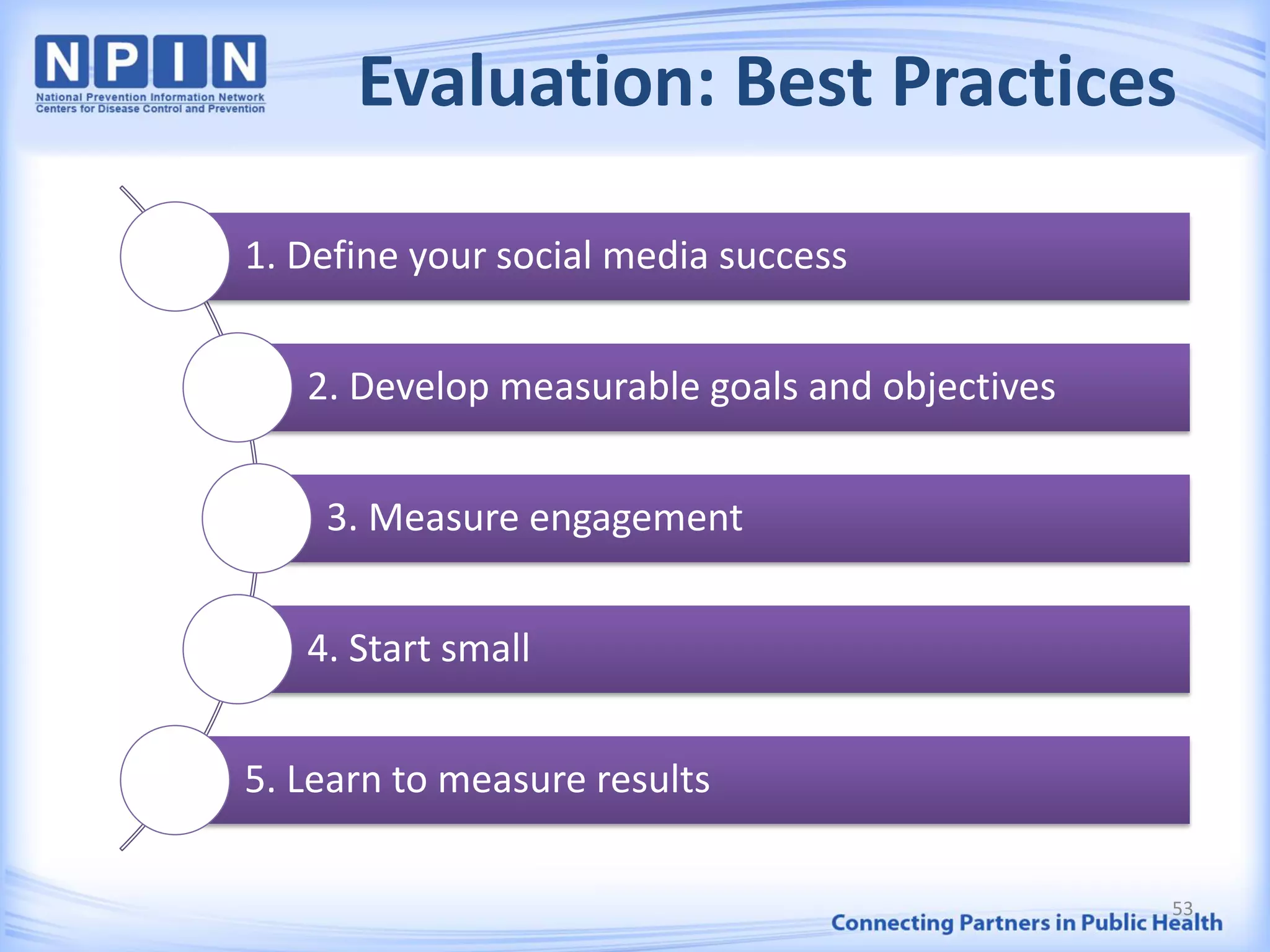 Evaluation: Best Practices
1. Define your social media success
2. Develop measurable goals and objectives
3. Measure engagement
4. Start small
5. Learn to measure results
53
 