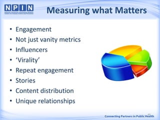 Measuring what Matters
• Engagement
• Not just vanity metrics
• Influencers
• ‘Virality’
• Repeat engagement
• Stories
• Content distribution
• Unique relationships
49
 