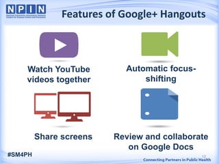 Features of Google+ Hangouts
Watch YouTube
videos together
Share screens
Automatic focus-
shifting
Review and collaborate
on Google Docs
#SM4PH 12
 