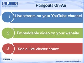 Embeddable video on your website
See a live viewer count
Hangouts On-Air
1
2
3
Live stream on your YouTube channel1
Embeddable video on your website2
See a live viewer count3
Embeddable video on your website2
Embeddable video on your website2
13#SM4PH
 