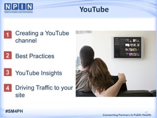 YouTube
Creating a YouTube
channel
Best Practices
YouTube Insights
Driving Traffic to your
site
1
#SM4PH 17
2
3
4
 