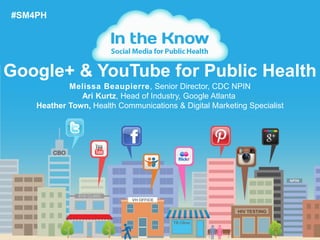 1
Google+ & YouTube for Public Health
#SM4PH
Melissa Beaupierre, Senior Director, CDC NPIN
Ari Kurtz, Head of Industry, Google Atlanta
Heather Town, Health Communications & Digital Marketing Specialist
 
