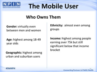 The Mobile User
Gender: virtually even
between men and women
Age: highest among 18-49
year olds
Geographic: highest among
urban and suburban users
Who Owns Them
Ethnicity: almost even among
groups
Income: highest among people
earning over 75k but still
significant below that income
bracket
14#SM4PH
 