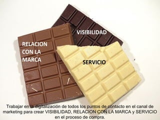 Trabajar en la digitalización de todos los puntos de contacto en el canal de
marketing para crear VISIBILIDAD, RELACION CON LA MARCA y SERVICIO
en el proceso de compra.
 