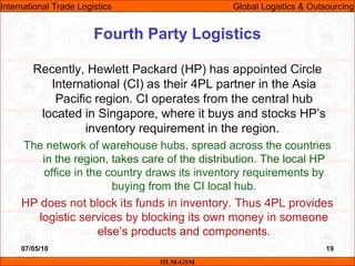 07/05/10 19
Recently, Hewlett Packard (HP) has appointed Circle
International (CI) as their 4PL partner in the Asia
Pacific region. CI operates from the central hub
located in Singapore, where it buys and stocks HP’s
inventory requirement in the region.
The network of warehouse hubs, spread across the countries
in the region, takes care of the distribution. The local HP
office in the country draws its inventory requirements by
buying from the CI local hub.
HP does not block its funds in inventory. Thus 4PL provides
logistic services by blocking its own money in someone
else’s products and components.
Fourth Party Logistics
IILM-GSM
International Trade Logistics Global Logistics & Outsourcing
 