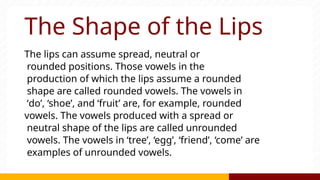 The Shape of the Lips
The lips can assume spread, neutral or
rounded positions. Those vowels in the
production of which the lips assume a rounded
shape are called rounded vowels. The vowels in
‘do’, ‘shoe’, and ‘fruit’ are, for example, rounded
vowels. The vowels produced with a spread or
neutral shape of the lips are called unrounded
vowels. The vowels in ‘tree’, ‘egg’, ‘friend’, ‘come’ are
examples of unrounded vowels.
 