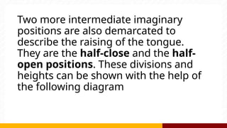 Two more intermediate imaginary
positions are also demarcated to
describe the raising of the tongue.
They are the half-close and the half-
open positions. These divisions and
heights can be shown with the help of
the following diagram
 
