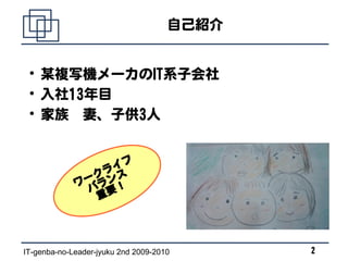 自己紹介


 
     某複写機メーカのIT系子会社
 
     入社13年目
 
     家族　妻、子供3人


                  イフ
               クラ ス
             ワー ラン！
              バ 要
                重




IT-genba-no-Leader-jyuku 2nd 2009-2010      2
 