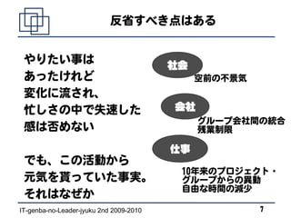 反省すべき点はある


 やりたい事は                                  社会
 あったけれど                                       空前の不景気
 変化に流され、
 忙しさの中で失速した                              会社
                                              グループ会社間の統合
 感は否めない                                       残業制限

                                         仕事
 でも、この活動から
                                          10年来のプロジェクト・
 元気を貰っていた事実。                              グループからの異動
                                          自由な時間の減少
 それはなぜか
IT-genba-no-Leader-jyuku 2nd 2009-2010                 7
 