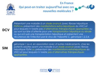 En France
Qui peut-on traiter aujourd’hui avec ces
nouvelles molécules ?
Présentant une maladie à un stade avancé (avec fibrose hépatique
F3/F4 ou présentant des manifestations extra-hépatiques du VHC) et
pour lesquels il n’existe pas d’alternatives thérapeutiques appropriées ou
qui sont sur liste d’attente pour une transplantation hépatique ou rénale
ou qui ont subi une transplantation hépatique et présentent une
récurrence de l’infection par le virus de l’hépatite C. génotype 1,2,3,4.
Présentant une maladie à un stade avancé (avec fibrose hépatique
F3/F4 ou présentant des manifestations extra-hépatiques du VHC) et
pour lesquels il n’existe pas d’alternatives thérapeutiques appropriées ou
qui sont sur liste d’attente pour une transplantation hépatique ou rénale
ou qui ont subi une transplantation hépatique et présentent une
récurrence de l’infection par le virus de l’hépatite C. génotype 1,2,3,4.
DCV
génotype 1 ou 4, en association avec d’autres médicaments, chez les
patients adultes ayant une maladie à un stade avancé (avec fibrose
hépatique F3/F4 ou présentant des manifestations extrahépatiques du
VHC) et pour lesquels il n’existe pas d’alternatives thérapeutiques
appropriées.
génotype 1 ou 4, en association avec d’autres médicaments, chez les
patients adultes ayant une maladie à un stade avancé (avec fibrose
hépatique F3/F4 ou présentant des manifestations extrahépatiques du
VHC) et pour lesquels il n’existe pas d’alternatives thérapeutiques
appropriées.
SIM
 