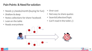 PainPoints &Needforsolution
• Needs 3-5 books/month (buying for fun)
• Shallow & deep
• Notes collections for share Facebook
• Lean on the table
• Reads everywhere
• Over cost
• Not easy to share quotes
• Search/Collection/Topic
• Can’t read in the toilet ;-)
10
 