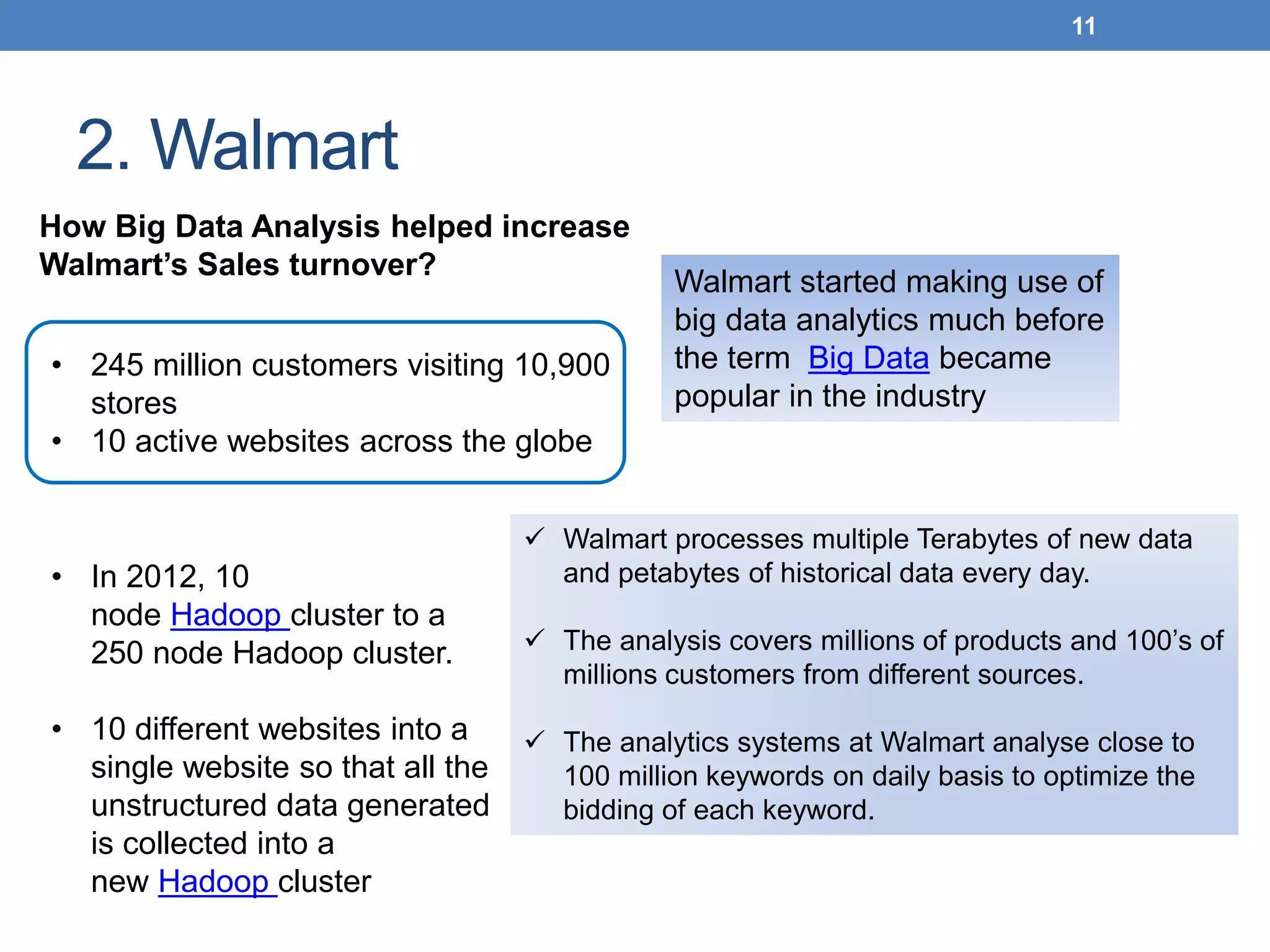 2. Walmart
11
• 245 million customers visiting 10,900
stores
• 10 active websites across the globe
How Big Data Analysis helped increase
Walmart’s Sales turnover?
Walmart started making use of
big data analytics much before
the term Big Data became
popular in the industry
• In 2012, 10
node Hadoop cluster to a
250 node Hadoop cluster.
• 10 different websites into a
single website so that all the
unstructured data generated
is collected into a
new Hadoop cluster
 Walmart processes multiple Terabytes of new data
and petabytes of historical data every day.
 The analysis covers millions of products and 100’s of
millions customers from different sources.
 The analytics systems at Walmart analyse close to
100 million keywords on daily basis to optimize the
bidding of each keyword.
 