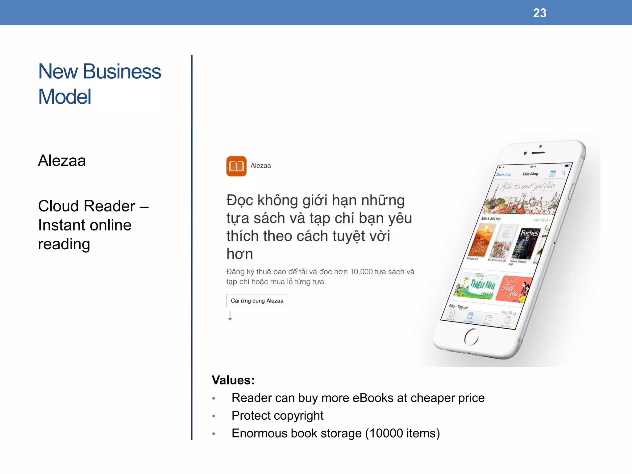 New Business
Model
Alezaa
Cloud Reader –
Instant online
reading
23
Values:
• Reader can buy more eBooks at cheaper price
• Protect copyright
• Enormous book storage (10000 items)
 