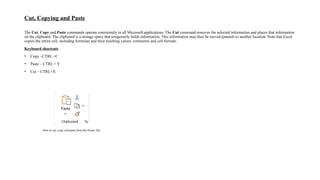 Cut, Copying and Paste
The Cut, Copy and Paste commands operate consistently in all Microsoft applications. The Cut command removes the selected information and places that information
on the clipboard. The clipboard is a storage space that temporarily holds information. This information may then be moved (pasted) to another location. Note that Excel
copies the entire cell, including formulae and their resulting values, comments and cell formats.
Keyboard shortcuts
• Copy –CTRL +C
• Paste – CTRL + V
• Cut – CTRL+X
How to cut, copy and paste form the Home Tab.
 
