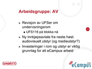 Arbeidsgruppe: AV

   Revisjon av UFSer om
    undervisningsrom                          12

       UFS116 på blokka nå
   Ny innkjøpsavtale fra neste høst:
    audiovisuelt utstyr (og medieutstyr?)
   Investeringer i rom og utstyr er viktig
    grunnlag for alt eCampus arbeid
 