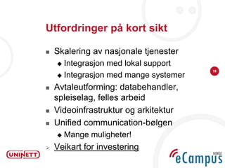 Utfordringer på kort sikt

   Skalering av nasjonale tjenester
     Integrasjon med lokal support
                                       18
     Integrasjon med mange systemer

   Avtaleutforming: databehandler,
    spleiselag, felles arbeid
   Videoinfrastruktur og arkitektur
   Unified communication-bølgen
       Mange muligheter!
   Veikart for investering
 