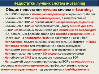 Недостатки лучших систем e-Learning
Общие недостатки лучших систем е-Learning:
- Все ЭОР созданы с помощью видеокамер и экранных граберов
- Большинство ЭОР не мультимедийные, а гипертекстовые
- Большинство ЭОР не обеспечивают интерактивную дидактику
- Большинство ЭОР не соответствуют стандарту SCORM для LMS
- В ЭОР нет поисковых механизмов для навигации по видеокурсу
- ЭОР записаны в формате видео для YouTube с разрешением TV
- Плеер ЭОР на платформе Flash (не работают с iPad и iPhon)
- Нет плееров, поддерживающих универсальный формат - HTML5
- Нет ввода голоса для аудирования в языковых курсах
- Нет систем распознавания речи для управления голосом
- Нет проигрывания также и 3D-видео (со стерео очками)
- Нет облачных CMS для массового производства ЭОР
- Нет моделей организации производства ЭОР в краудсорсинге с
участием авторов-предметников, профессиональных команд
технологов мультимедиа под управлением cloud-Издательств.
 