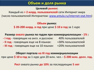 Объем и доля рынка
Целевой рынок:
Каждый из > 2 млрд. пользователей сети Интернет мира
(число пользователей Интернетом: www.antula.ru/internet-stat.htm)
Объем рынка:
$ 20-200 млрд. в год при цене $ 10 в год за 1 курс
Размер охвата рынка по годам при коммерциализации - 1% :
- I год - говорящих на англ. и русском: 40% пользователей
- II год - говорящих еще на 8 языках: +30% пользователей
- III год - говорящих еще на 10 языках: +20% пользователей
Оборот портала на III год коммерциализации
при цене $ 10 в год за 1 курс для 20 млн. чел. - $ 200 млн. долл. год.
Рост охвата рынка до 10% за последующие 5 лет
 