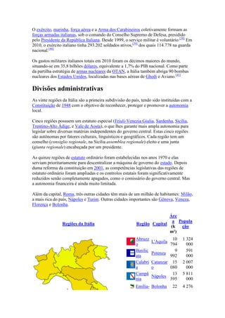 O exército, marinha, força aérea e a Arma dos Carabineiros coletivamente formam as
forças armadas italianas, sob o comando do Conselho Supremo de Defesa, presidido
pelo Presidente da República Italiana. Desde 1999, o serviço militar é voluntário.[38] Em
2010, o exército italiano tinha 293.202 soldados ativos,[39] dos quais 114.778 na guarda
nacional.[40]

Os gastos militares italianos totais em 2010 foram os décimos maiores do mundo,
situando-se em 35,8 bilhões dólares, equivalente a 1,7% do PIB nacional. Como parte
da partilha estratégia de armas nucleares da OTAN, a Itália também abriga 90 bombas
nucleares dos Estados Unidos, localizadas nas bases aéreas de Ghedi e Aviano.[41]

Divisões administrativas
As vinte regiões da Itália são a primeira subdivisão do país, tendo sido instituídas com a
Constituição de 1948 com o objetivo de reconhecer, proteger e promover a autonomia
local.

Cinco regiões possuem um estatuto especial (Friuli-Venezia Giulia, Sardenha, Sicília,
Trentino-Alto Ádige, e Vale de Aosta), o que lhes garante mais ampla autonomia para
legislar sobre diversas matérias independentes do governo central. Estas cinco regiões
são autônomas por fatores culturais, linguísticos e geográficos. Cada região tem um
conselho (consiglio regionale, na Sicília assemblea regionale) eleito e uma junta
(giunta regionale) encabeçada por um presidente.

As quinze regiões de estatuto ordinário foram estabelecidas nos anos 1970 e elas
serviam prioritariamente para descentralizar a máquina de governo do estado. Depois
duma reforma da constituição em 2001, as competências legislativas das regiões de
estatuto ordinário foram ampliadas e os controlos estatais foram significativamente
reduzidos senão completamente apagados, como o comissário do governo central. Mas
a autonomia financeira é ainda muito limitada.

Além da capital, Roma, três outras cidades têm mais de um milhão de habitantes: Milão,
a mais rica do país, Nápoles e Turim. Outras cidades importantes são Gênova, Veneza,
Florença e Bolonha.

                                                                         Áre
                                                                          a Popula
                 Regiões da Itália                        Região Capital
                                                                         (k  ção
                                                                         m²)
                                                          Abruzz              10    1 324
                                                                    L'Aquila
                                                          o                  794      000
                                                          Basilic              9      591
                                                                    Potenza
                                                          ata                992      000
                                                          Calabri   Catanzar 15     2 007
                                                          a         o        080      000
                                                          Campâ               13    5 811
                                                                    Nápoles
                                                          nia                595      000
                                                          Emília- Bolonha      22   4 276
 
