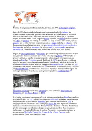 Número de imigrantes residentes na Itália, por país, em 2006. (Clique para ampliar).

Cerca de 95% da população italiana tem origem na península. Os italianos são
descendentes de uma grande quantidade de povos que se estabeleceram na península
itálica durante os séculos. Os italianos são uma mistura de povos que já viviam na
região, incluindo, dentre vários, os povos latinos (a Oeste), os sabinos (no vale superior
do Tibre), os úmbrios (no centro), os samnitas (no Sul), oscanos, entre outros, com os
etruscos que se estabeleceram no centro do país, os gregos no Sul e os celtas no Norte.
Posteriormente, estabeleceram-se no Norte povos germânicos (ostrogodos, visigodos,
lombardos) e, no Sul, os sarracenos (de origem árabe) e os normandos (de origem
escandinava). Esses últimos deixaram uma menor influência na etnia italiana.

Depois da unificação italiana, o feudalismo que controlava por séculos as terras do país
ruiu, e muitos italianos passaram por severas situações de pobreza.[21] O norte foi o
primeiro afetado, e grandes levas de imigrantes saíram do país principalmente em
direção ao Brasil e à Argentina, a partir da década de 1870. Anos depois, a região sul
também sentiu os efeitos da mudança política na agricultura, e a imigração dobrou de
número em 1900 e o destino principal agora era os Estados Unidos. O pico foi em 1913,
quando 872.598 pessoas deixaram a Itália.[22] O fenômeno só diminuiu devido à eclosão
da I Guerra Mundial, quando a Itália precisou da população para reconstruir o país e a
instalação do regime fascista, que restringiu a imigração na década de 1920.[22]




Imigrantes italianos posando para fotografia no pátio central da Hospedaria dos
Imigrantes, em São Paulo, Brasil, ca. 1890.

O primeiro grande movimento migratório de italianos em direção ao Brasil ocorreu logo
após a unificação, em 1875, pioneiramente para o sul do país, embora a maior massa de
imigrantes tenha se instalado em São Paulo, para trabalhar na colheita do café. A
imigração italiana foi massiva até o começo do século XX, mas depois das constantes
notícias de trabalho semi-escravo no Brasil,[23] a Itália decretou o "decreto Prinetti" que
proibia a imigração subsidiada em direção ao país, direcionando o fluxo imigratório
italiano para os Estados Unidos e a Argentina. As maiores comunidades italianas se
encontram em São Paulo, Paraná, Rio Grande do Sul e Santa Catarina, onde
profundamente fazem parte da cultura local.
 