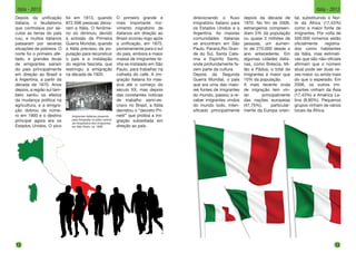Depois da unificação
italiana, o feudalismo
que controlava por sé-
culos as terras do país
ruiu, e muitos italianos
passaram por severas
situações de pobreza. O
norte foi o primeiro afe-
tado, e grandes levas
de emigrantes saíram
do país principalmente
em direção ao Brasil e
à Argentina, a partir da
década de 1870. Anos
depois, a região sul tam-
bém sentiu os efeitos
da mudança política na
agricultura, e a emigra-
ção dobrou de núme-
ro em 1900 e o destino
principal agora era os
Estados Unidos. O pico
foi em 1913, quando
872.598 pessoas deixa-
ram a Itália. O fenôme-
no só diminuiu devido
à eclosão da Primeira
Guerra Mundial, quando
a Itália precisou da po-
pulação para reconstruir
o país e a instalação
do regime fascista, que
restringiu a emigração
na década de 1920.
Imigrantes italianos posando
para fotografia no pátio central
da Hospedaria dos Imigrantes,
em São Paulo, ca. 1890.
O primeiro grande e
mais importante mo-
vimento migratório de
italianos em direção ao
Brasil ocorreu logo após
a unificação, em 1875,
pioneiramente para o sul
do país, embora a maior
massa de imigrantes te-
nha se instalado em São
Paulo, para trabalhar na
colheita do café. A imi-
gração italiana foi mas-
siva até o começo do
século XX, mas depois
das constantes notícias
de trabalho semi-es-
cravo no Brasil, a Itália
decretou o “decreto Pri-
netti” que proibia a imi-
gração subsidiada em
direção ao país.
direcionando o fluxo
imigratório italiano para
os Estados Unidos e a
Argentina. As maiores
comunidades italianas
se encontram em São
Paulo, Paraná,Rio Gran-
de do Sul, Santa Cata-
rina e Espírito Santo,
onde profundamente fa-
zem parte da cultura.
Depois da Segunda
Guerra Mundial, o país
que era uma das maio-
res fontes de imigrantes
do mundo, passou a re-
ceber imigrantes vindos
do mundo todo, inten-
sificado principalmente
depois da década de
1970. No fim de 2006,
estrangeiros compreen-
diam 5% da população
ou quase 3 milhões de
pessoas, um aumen-
to de 270.000 desde o
ano antecedente. Em
algumas cidades italia-
nas, como Bréscia, Mi-
lão e Pádua, o total de
imigrantes é maior que
10% da população.
A mais recente onda
de migração tem vin-
do principalmente
das nações europeias
(47,75%), particular-
mente da Europa orien-
tal, substituindo o Nor-
te da África (17,43%)
como a maior fonte de
imigrantes. Por volta de
500.000 romenos estão
oficialmente registra-
dos como habitantes
da Itália, mas estimati-
vas que são não-oficiais
afirmam que o número
atual pode ser duas ve-
zes maior, ou ainda mais
do que o esperado. Em
2006, os outros imi-
grantes vinham da Ásia
(17,43%) e América La-
tina (8,90%). Pequenos
grupos vinham de vários
locais da África.
12
Itália - 2013
13
Itália - 2013
 