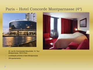 Paris – Hotel Concorde Montparnasse (4*)40, rue Du Commandant Mouchotte, 14. Tour Montparnasse, 75014 ParisLocalizaçãopróxima à Gare Montparnasse354 apartamentos