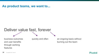 © Copyright 2017 Dell Inc.24
As product teams, we want to...
Deliver value fast, forever
business outcomes
and user benefits
through working
features
quickly and often an ongoing basis without
burning out the team
24
 