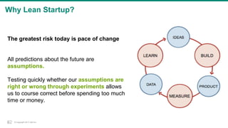 © Copyright 2017 Dell Inc.32
Why Lean Startup?
The greatest risk today is pace of change
All predictions about the future are
assumptions.
Testing quickly whether our assumptions are
right or wrong through experiments allows
us to course correct before spending too much
time or money.
32
 