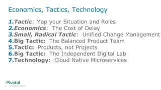 © Copyright 2017 Dell Inc.81
Economics, Tactics, Technology
1.Tactic: Map your Situation and Roles
2.Economics: The Cost of Delay
3.Small, Radical Tactic: Unified Change Management
4.Big Tactic: The Balanced Product Team
5.Tactic: Products, not Projects
6.Big Tactic: The Independent Digital Lab
7.Technology: Cloud Native Microservices
 