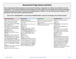 L R
Assessment Page (lower portion)
After completing the Initial Assessment, each assessment that follows is designed to be read from top to bottom in its color-
coded column. The assessment algorithm columns progress from left to right as the case unfolds. The assessment information
provided is pertinent to the type of assessment and changing patient conditions. The case will indicate the completion of the
appropriate assessments based on patient presentation.
Note: The term “REASSESSMENT” is used instead of “ONGOING EXAM” to reflect the terminology in the 9th edition textbook.
Version 1.0 (2019) Copyright © International Trauma Life Support Page 11
 