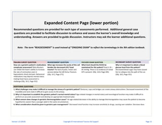 Expanded Content Page (lower portion)
Recommended questions are provided for each type of assessments performed. Additional general case
questions are provided to facilitate discussion to enhance and assess the learner’s overall knowledge and
understanding. Answers are provided to guide discussion. Instructors may ask the learner additional questions.
Note: The term “REASSESSMENT” is used instead of “ONGOING EXAM” to reflect the terminology in the 9th edition textbook.
Version 1.0 (2019) Copyright © International Trauma Life Support Page 13
 