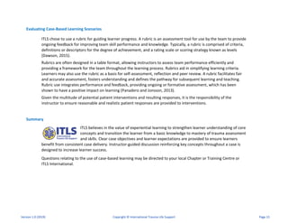 Evaluating Case-Based Learning Scenarios
ITLS chose to use a rubric for guiding learner progress. A rubric is an assessment tool for use by the team to provide
ongoing feedback for improving team skill performance and knowledge. Typically, a rubric is comprised of criteria,
definitions or descriptors for the degree of achievement, and a rating scale or scoring strategy known as levels
(Dawson, 2015).
Rubrics are often designed in a table format, allowing instructors to assess team performance efficiently and
providing a framework for the team throughout the learning process. Rubrics aid in simplifying learning criteria.
Learners may also use the rubric as a basis for self-assessment, reflection and peer review. A rubric facilitates fair
and accurate assessment, fosters understanding and defines the pathway for subsequent learning and teaching.
Rubric use integrates performance and feedback, providing ongoing or formative assessment, which has been
shown to have a positive impact on learning (Panadero and Jonsson, 2013).
Given the multitude of potential patient interventions and resulting responses, it is the responsibility of the
instructor to ensure reasonable and realistic patient responses are provided to interventions.
Summary
ITLS believes in the value of experiential learning to strengthen learner understanding of core
concepts and transition the learner from a basic knowledge to mastery of trauma assessment
and skills. Clear case objectives and learner expectations are provided to ensure learners
benefit from consistent case delivery. Instructor-guided discussion reinforcing key concepts throughout a case is
designed to increase learner success.
Questions relating to the use of case-based learning may be directed to your local Chapter or Training Centre or
ITLS International.
Version 1.0 (2019) Copyright © International Trauma Life Support Page 15
 