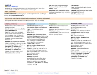 Page 2 of 4 (Shock 1P-7)
SHOCK 1P-7
SCENE SIZE-UP: One patient and scene is safe. Mechanism of injury: Blunt force
trauma to right side (left side if vehicle is driven from the right).
INITIAL ASSESSMENT
GENERAL IMPRESSION: Complaining of pain to entire right side. Looks unwell, high
priority. Life-Threatening Bleeding: No.
LOC: (with initial c-spine stabilization)
Responds verbally; confused, dazed
AIRWAY: Patent
BREATHING: Rapid, shallow, and labored
Ventilation instructions: Assist ventilations
with bag-mask
CIRCULATION:
Pulse: Rapid, weak and regular (carotid,
no radial pulse)
Bleeding: Small oozing from facial injuries
Capillary Refill: 4 seconds
Skin: Pale, cool and moist
SHOULD VITAL SIGNS FOR THIS PATIENT BE DELEGATED AFTER THE INITIAL ASSESSMENT?
Vital signs for this patient should be taken during transport. (Obj: 2.5, Page 39)
RAPID TRAUMA SURVEY REASSESSMENT FOCUSED EXAM SECONDARY SURVEY
Head: Facial lacerations and abrasions,
bleeding controlled
Neck: No injuries or pain noted, Trachea:
Midline, Neck veins: Flat
Chest: Pain in right chest wall, Look:
Bruises to right lateral chest with equal
chest rise, Listen: Clear and equal, no
abnormal breath sounds Feel: Crepitus,
Percussion: Resonant, Heart Tones:
Normal S1, S2
Abdomen: Pain in upper right abdomen
Pelvis: Unstable with crepitus on the right
Extremities: Legs: Right femur fracture,
Pulse, Motor and Sensory: Intact,
Arms: Pain, deformity to right humerus,
Pulse, Motor and Sensory: Intact
Posterior: No injuries or pain noted
History: (Obtain from patient)
Subjective Changes: No changes
LOC: Responds verbally, confused, dazed
Pupils: 4 mm, equal and reactive
GCS: 3/4/4=11
Airway: Patent
Breathing: RR 40, shallow, and labored
Circulation: Blood pressure: 74/40 mmHg
(without fluid resuscitation; 80/60 mmHg
with fluid resuscitation), Pulses: 130,
weak and regular (carotid, no radial
pulse), Skin: Pale, moist and cool,
Capillary Refill: 4 seconds
Neck: No changes, Trachea: Midline,
Neck veins: Flat
Chest: Pain in right ribs, Look: Bruises to
right lateral chest with equal chest rise,
Feel: Crepitus, Listen: Clear and equal, no
abnormal breath sounds,
Percussion: Resonant
Abdomen: No changes
Identified Injuries: Extremities: Arms:
Pain, deformity right humerus, Pulse,
Motor and Sensory: Intact, Legs: Right
femur fracture, Pulse, Motor and Sensory:
Intact after splinting
Head: Facial lacerations and abrasions
Chest: Rib fractures
Abdomen: Right blunt abdominal trauma
Pelvis: Pelvic fracture
Lower Extremities: Right femur fracture
and right humerus fracture
Head: Right facial lacerations and
abrasions; bleeding controlled
Airway: Patent
Breathing: Rapid, shallow, and labored
Circulation: Rapid, weak and regular
(radial)
Skin: Pale, cool, and moist
Neck: No changes, Trachea: Midline,
Neck veins: Flat
Chest: Pain in right ribs, Look: Bruises to
right lateral chest with equal chest rise,
Feel: Crepitus, Listen: Clear and equal, no
abnormal breath sounds,
Percussion: Resonant
Abdomen: Bruising and tenderness
Pelvis: Unstable
Extremities: Arms: Pain, deformity right
humerus, Pulse, Motor and Sensory:
Intact, Legs: Right femur fracture,
Pulse, Motor and Sensory: Intact
Posterior: No changes
Version 1.0 (2019) Copyright © International Trauma Life Support Page 49
 
