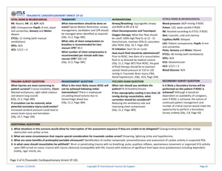 Page 3 of 4 (Traumatic Cardiopulmonary Arrest 1P-10)
TRAUMATIC CARDIOPULMONARY ARREST 1P-10
VITAL SIGNS & NEUROLOGICAL TRANSPORT INTERVENTIONS VITALS SIGNS & NEUROLOGICAL
RR: Absent, HR: 10, B/P: N/A
LOC: Unresponsive Pupils: 8 mm, equal
and unreactive, Sensory and Motor:
Absent
ETCO2: 12 mmHg (with manual
ventilations)
SPO2: N/A
GCS: 1/1/1 = 3
What interventions should be done on
scene? Spinal Motion Restriction, airway
management, ventilation and CPR should
be managed when identified as required
(Obj. 21.2, Page 385)
What ratio of chest compressions to
breathes is recommended for two-
rescuer CPR? 30:2
What number of chest compressions is
recommended per minute with two-
rescuer CPR? 100-110
(Obj. 21.2, Page 385)
Airway/Breathing: Supraglottic airway
and BVM at RR of 8-10
Chest Decompression and Tourniquet
Oxygen therapy: What liter flow should
be used? 100% high flow O2 at 12 - 15
liters/minute, maintain 95% O2 saturation
after ROSC (Obj. 10.7, Page 205)
IV initiation: Start IVs en route
How much fluid should be administered?
Prior to ROSC, two liters of a resuscitation
fluid or as directed by medical control.
(Obj. 21.2, Page 387) Post-ROSC, the goal
of fluid therapy should be to maintain
systolic blood pressure at 110 to 120
mmHg in Traumatic Brain Injury (TBI).
Avoid hypotension. (Obj. 10.6, Page 204)
Blood pressure: 60/P mmHg if ROSC
Pulses: 120, weak carotid if ROSC
RR: Assisted according to ETCO2 if ROSC
Skin: Cyanotic, cold and clammy
Capillary Refill: Delayed
LOC: Patient unresponsive, Pupils: 8 mm
and unreactive,
Pulse, Sensory and Motor: Absent
ETCO2: 48 mmHg (with ventilations)
SPO2: N/A
ECG: Idioventricular
GCS: 1/1/1 = 3
Blood Glucose: N/A
TRAUMA SURVEY QUESTION REASSESSMENT QUESTION FOCUSED EXAM QUESTION SECONDARY SURVEY QUESTION
What injuries are most concerning to
patient survival? Cranial instability, Chest:
Marked ecchymosis, right-sided crepitus
and absent lung sounds
(Obj. 21.2, Page 386)
If circulation can be restored, what
potential secondary injury could evolve?
Increased cerebral pressure could lead to
anoxic brain injury and herniation
(Obj. 10.7, Page 194)
What is the most likely reason ROSC will
not be achieved following initial
interventions? There is inadequate
circulating blood volume due to
hemorrhagic blood loss
(Obj. 21.2, Page 384)
What rate should you ventilate the
patient? 8-10 breaths/minute
If the capnography reading is less than 10
mmHg during resuscitation, what
correction should be considered?
Reducing the ventilatory rate and
improving chest compression
(Obj. 21.2, Page 389)
Is it likely a Secondary Survey will be
performed on this patient if ROSC is
achieved? Although it would be
dependent on availability of caregivers,
even if ROSC is achieved, the nature of
continued patient management and
number of critical injuries would make the
opportunity to perform a Secondary
Survey unlikely (Obj. 2.8, Page 43)
ADDITIONAL QUESTIONS
1. What situations in this scenario would allow for interruption of the assessment sequence if they are unable to be delegated? Exsanguinating hemorrhage, airway
obstruction and cardiac arrest.
2. What are some circumstances that require special consideration for traumatic cardiac arrest? Drowning, lightning strike and hypothermia.
3. What are some benefits of prehospital portable ultrasound? Identification of cardiac tamponade, pneumothoraces and assessment of cardiac activity in suspected PEA.
4. In what cases should resuscitation be withheld? Blunt or penetrating trauma with no breathing, pulse, pupillary reflexes, spontaneous movement or organized ECG activity
upon EMS arrival on scene; trauma with injures obviously incompatible with life; trauma with evidence of significant time lapse since pulselessness including dependent
lividity, rigor mortis, etc.
Version 1.0 (2019) Copyright © International Trauma Life Support Page 62
 