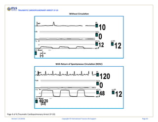 Page 4 of 4 (Traumatic Cardiopulmonary Arrest 1P-10)
TRAUMATIC CARDIOPULMONARY ARREST 1P-10
Without Circulation
With Return of Spontaneous Circulation (ROSC)
Version 1.0 (2019) Copyright © International Trauma Life Support Page 63
 