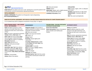 Page 2 of 4 (Knee Dislocation 2P-6)
KNEE DISLOCATION 2P-6
SCENE SIZE-UP: One patient and scene is safe. Twisting force caused the patient to fall
to the ground; no loss of consciousness reported by witnesses.
INITIAL ASSESSMENT
GENERAL IMPRESSION: The patient is on the ground, in pain and groaning.
Life-Threatening Bleeding: No
LOC: Alert and oriented
AIRWAY: Patent
BREATHING: Regular, with a slightly elevated
rate and adequate tidal volume
Ventilation instructions: None
CIRCULATION:
Pulse: Strong, regular, with an adequate
rate (radial)
Bleeding: Small abrasion on right cheek
Capillary Refill: <2 seconds, right foot:
absent
Skin: Pale, warm and diaphoretic
BASED ON THE INITIAL ASSESSMENT, WHY WOULD A FOCUSED EXAM BE INDICATED INSTEAD OF A RAPID TRAUMA SURVEY?
It is an isolated injury with no dangerous mechanism of injury (Obj. 2.3, Page 3).
RAPID TRAUMA SURVEY – MAY CHOOSE
TO DO – NOT REQUIRED
REASSESSMENT
FOCUSED EXAM – FOLLOW UP RTS WITH
A DETAILED FOCUSED EXAM
SECONDARY SURVEY
Head: No deficits except for a small
abrasion to the right cheek that is not
bleeding, but does ooze a small amount
of fluid
Neck: No injuries, appropriate movement,
Trachea: Midline, Neck veins: Flat
Chest: Look: No trauma noted, Listen:
Clear and equal, no abnormal breath
sounds, Feel: No crepitus or instability,
Percussion: Resonant,
Heart Tones: Normal S1, S2
Abdomen: Soft and non-tender
Pelvis: Stable
Extremities: Legs: Right knee obvious
dislocation at the joint, Pulse: Absent
Motor and Sensory: Decreased, Arms:
Unremarkable, Pulse, Motor and Sensory:
Intact
Posterior: Unremarkable
History: Obtain from patient
Subjective Changes: Once traction is
applied, peripheral circulation is restored
along with increased sensation
LOC: Alert and oriented
Pupils: 4 mm equal and reactive
GCS: 4/5/6 = 15
Airway: Patent
Breathing: Slowed slightly with
reassurance
Circulation: Blood pressure: 126/82
mmHg, Pulses: 80 (radial), Skin: Pink,
warm and moist,
Capillary Refill: <2 seconds
Neck: No changes, Trachea: Midline,
Neck veins: Flat
Chest: No changes
Abdomen: No changes
Identified Injuries: Right knee has a pulse
and sensation restored post-traction and
splinting
Assess knee dislocation
Check Interventions: Return of peripheral
pulse, sensation and mobility post-
traction
History: See SAMPLE
Head: No deficits except for a small
abrasion to the right cheek that is not
bleeding, but does ooze a small amount
of fluid
Neck: No injuries, appropriate movement,
Trachea: Midline, Neck veins: Flat
Chest: Look: No trauma noted, Listen:
Clear and equal, no abnormal breath
sounds, Feel: No crepitus or instability,
Percussion: Resonant,
Heart Tones: Normal S1, S2
Abdomen: Soft and non-tender
Pelvis: Stable
Extremities: Legs: Right knee has a pulse
and sensation restored post-traction and
splinting, Arms: Unremarkable, Pulse,
Motor and Sensory: Intact
Posterior: Unremarkable
Version 1.0 (2019) Copyright © International Trauma Life Support Page 86
 