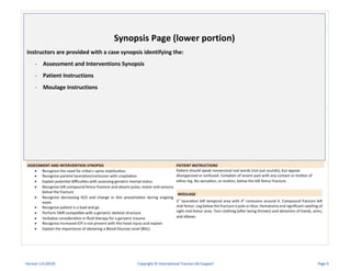 Synopsis Page (lower portion)
Instructors are provided with a case synopsis identifying the:
- Assessment and Interventions Synopsis
- Patient Instructions
- Moulage Instructions
Version 1.0 (2019) Copyright © International Trauma Life Support Page 9
 