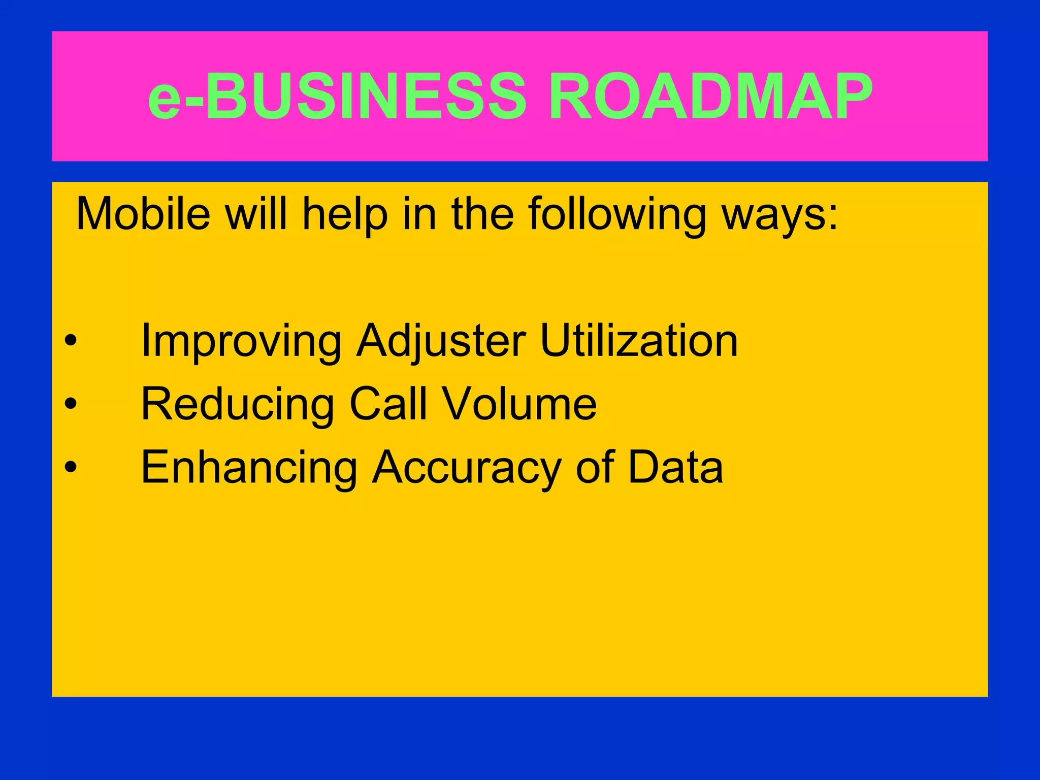 e-BUSINESS ROADMAP   Mobile will help in the following ways:  Improving Adjuster Utilization  Reducing Call Volume  Enhancing Accuracy of Data  